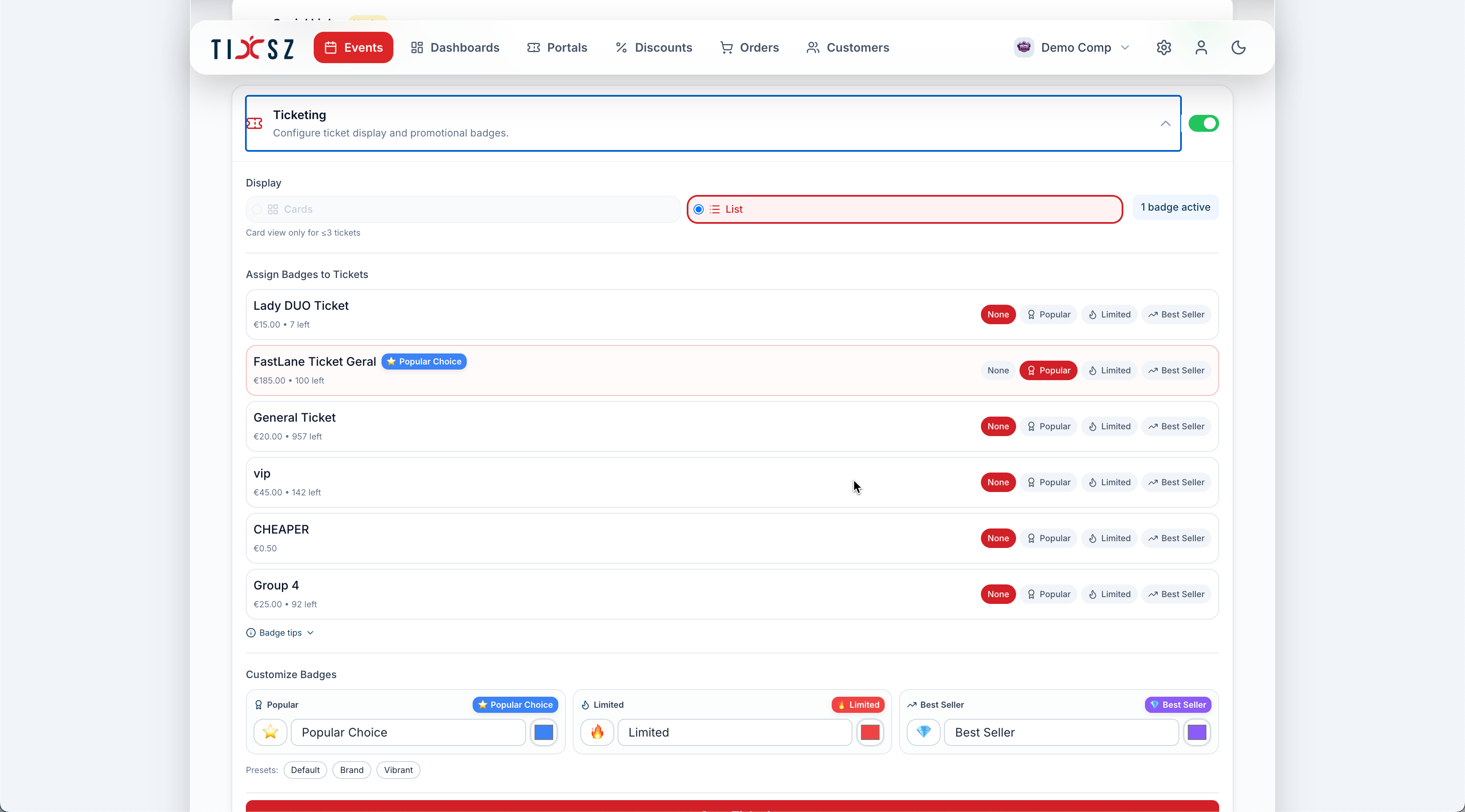 Ticket configuration